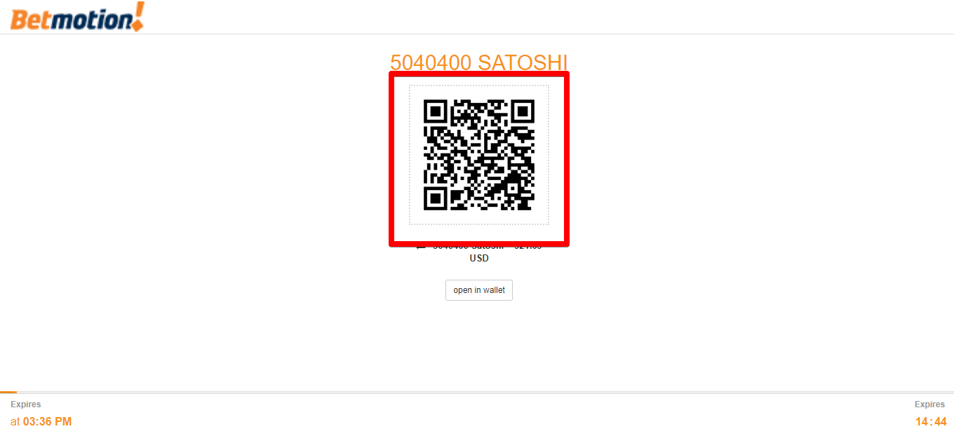 betmotion screenshot showing users an auto-generated QR code required to complete a bitcoin deposit